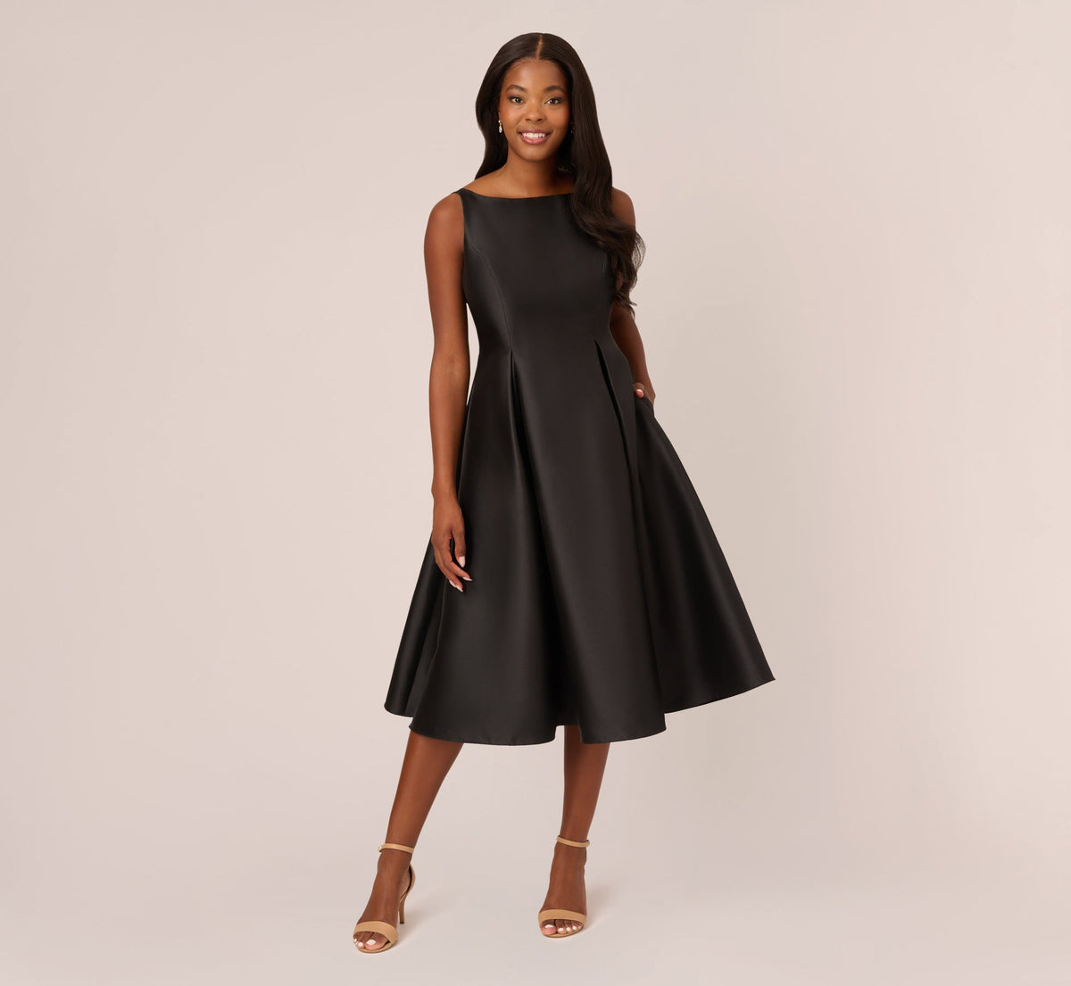 Sleeveless Mikado Fit And Flare Midi Dress With V-Back - Black | Adrianna Papell