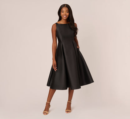 Sleeveless Mikado Fit And Flare Midi Dress With V-Back - Black | Adrianna Papell