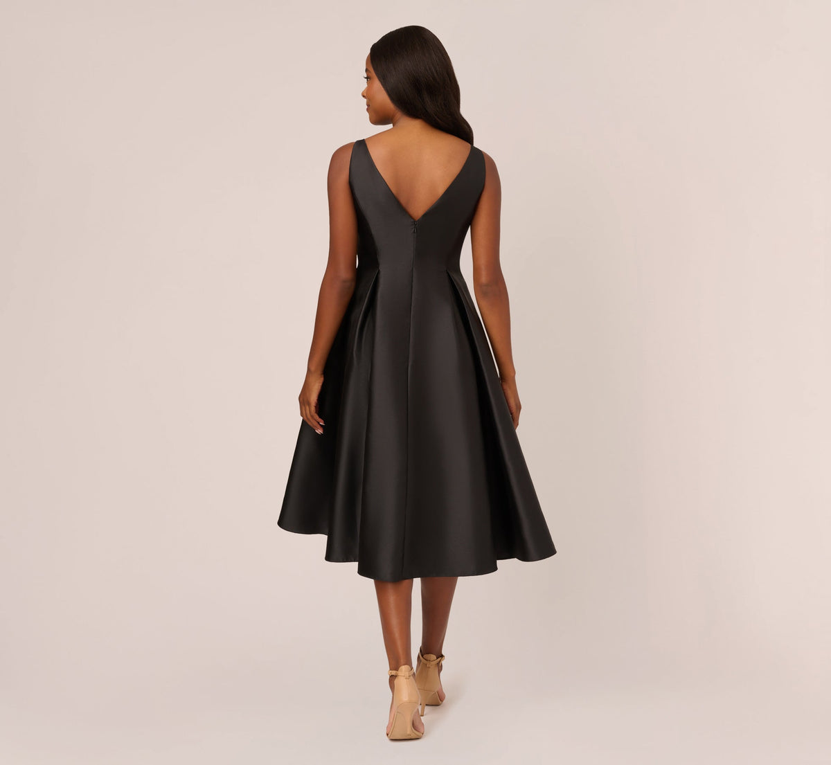 Sleeveless Mikado Fit And Flare Midi Dress With V-Back - Black | Adrianna Papell