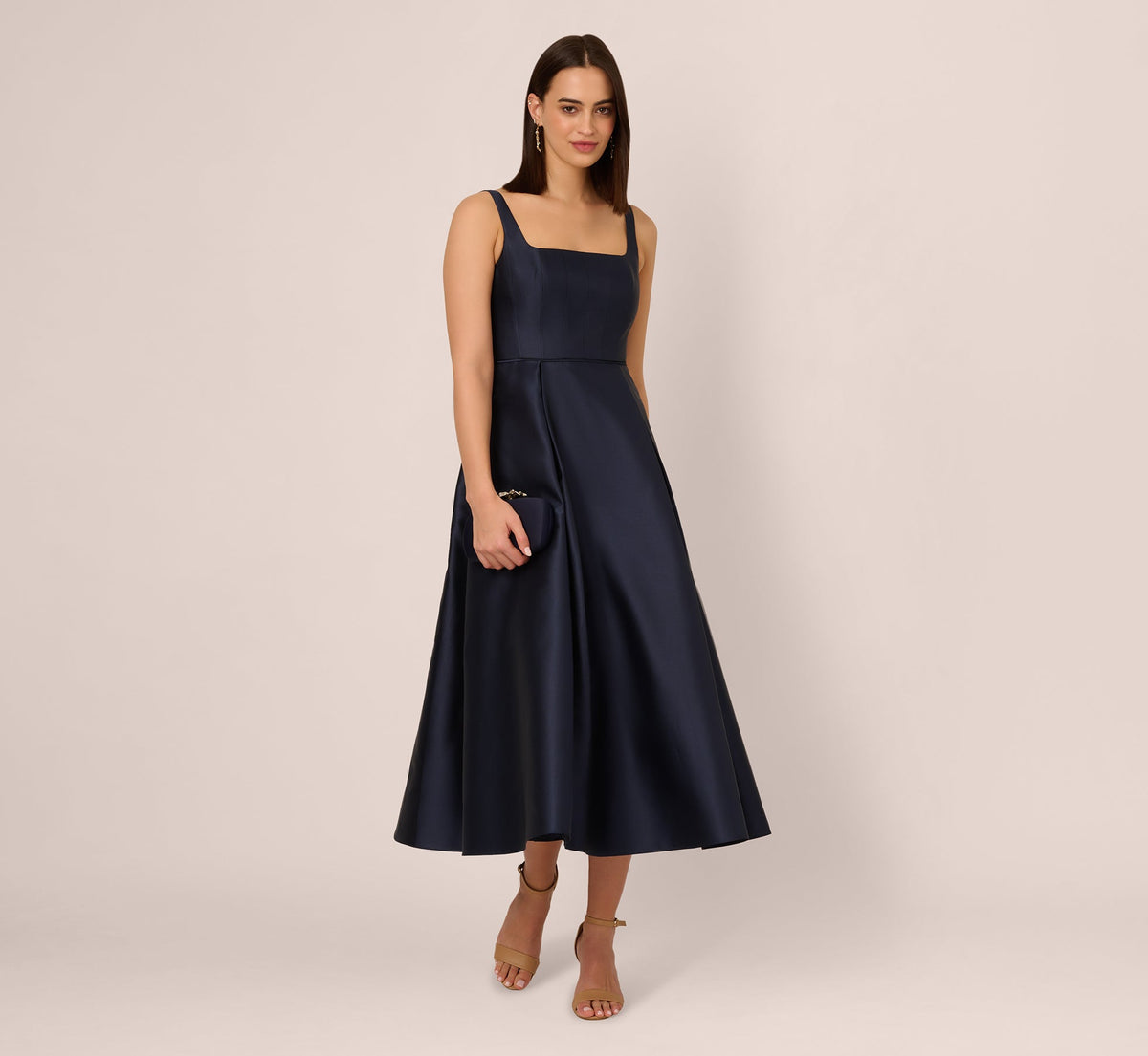 Mikado Sleeveless Square Neck Midi Dress - Midnight | Adrianna Papell