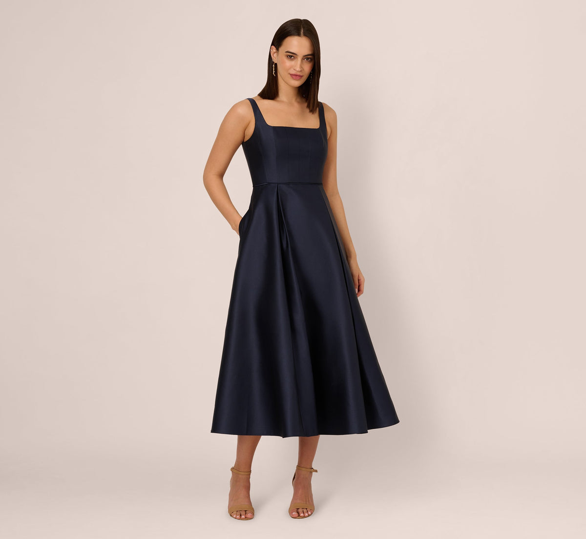 Mikado Sleeveless Square Neck Midi Dress - Midnight | Adrianna Papell