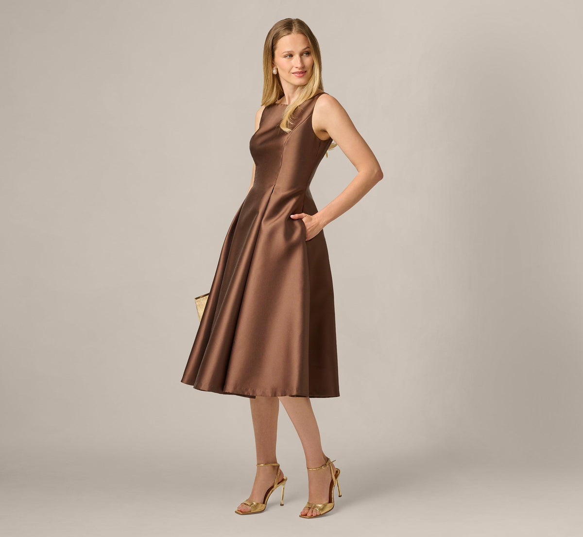 Sleeveless Mikado Fit And Flare Midi Dress With V-Back - Espresso | Adrianna Papell