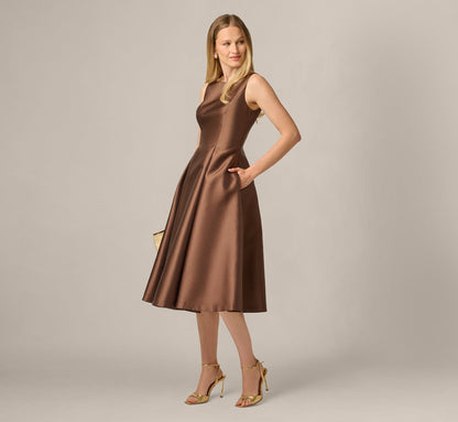 Sleeveless Mikado Fit And Flare Midi Dress With V-Back - Espresso | Adrianna Papell