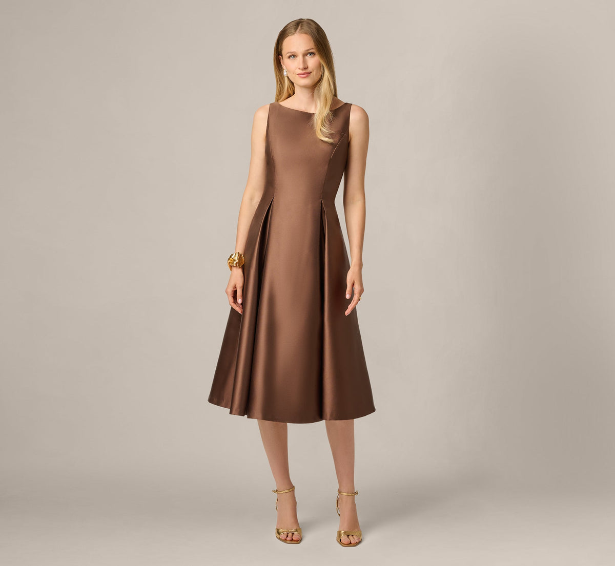 Sleeveless Mikado Fit And Flare Midi Dress With V-Back - Espresso | Adrianna Papell