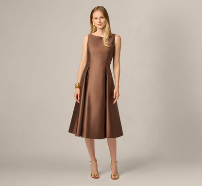 Sleeveless Mikado Fit And Flare Midi Dress With V-Back - Espresso | Adrianna Papell