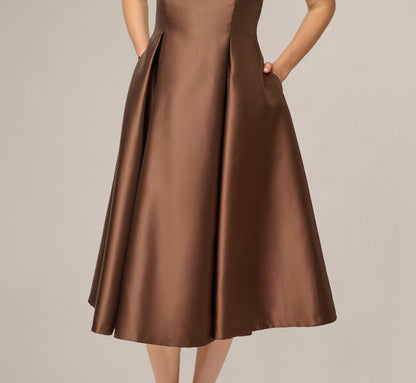 Sleeveless Mikado Fit And Flare Midi Dress With V-Back - Espresso | Adrianna Papell