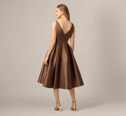 Sleeveless Mikado Fit And Flare Midi Dress With V-Back - Espresso | Adrianna Papell