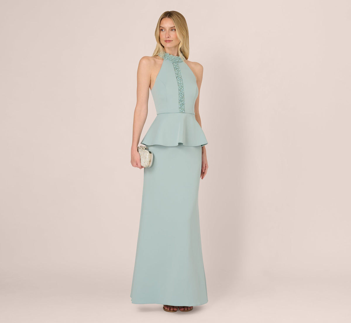 Sleeveless Pearly Halter Peplum Gown - Aqua Dust | Adrianna Papell