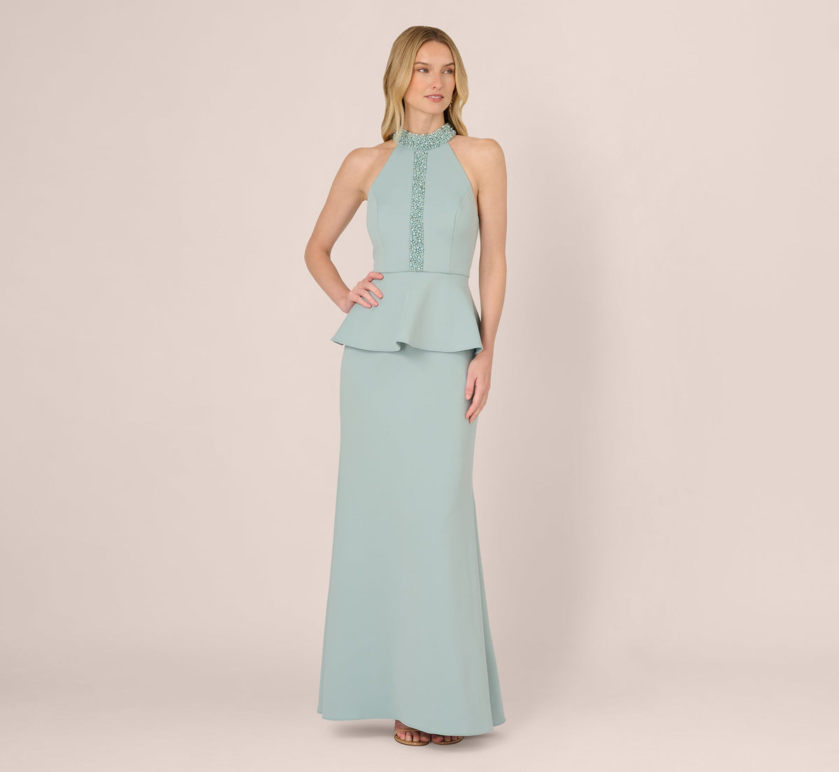 Sleeveless Pearly Halter Peplum Gown - Aqua Dust | Adrianna Papell