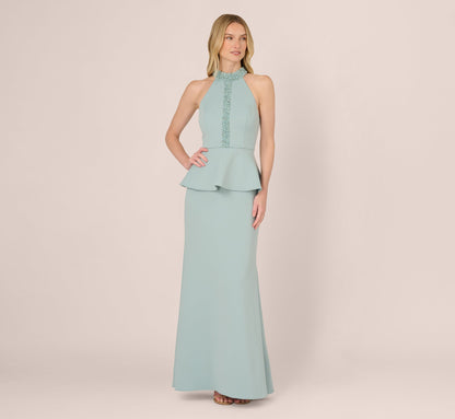 Sleeveless Pearly Halter Peplum Gown - Aqua Dust | Adrianna Papell