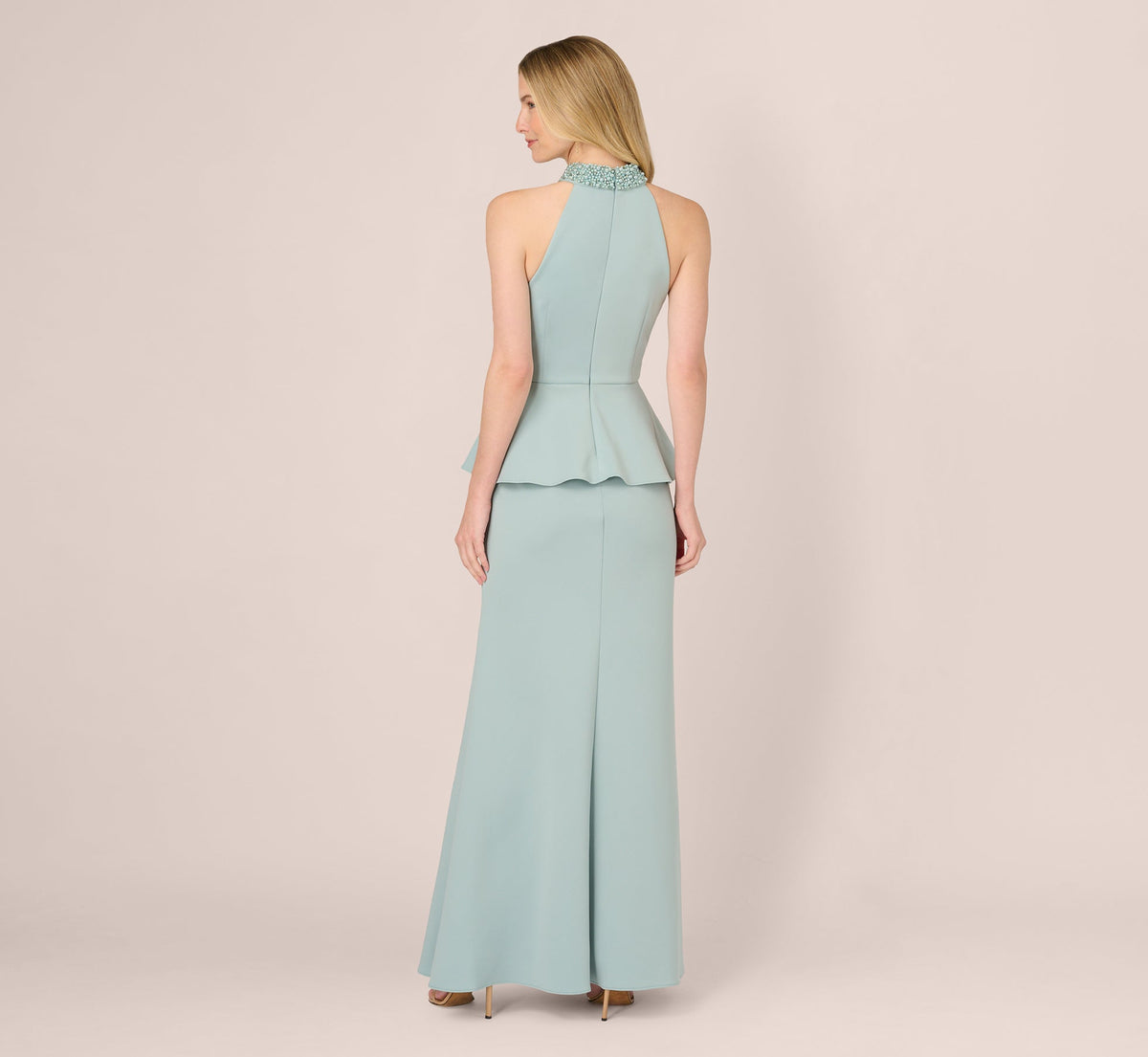 Sleeveless Pearly Halter Peplum Gown - Aqua Dust | Adrianna Papell