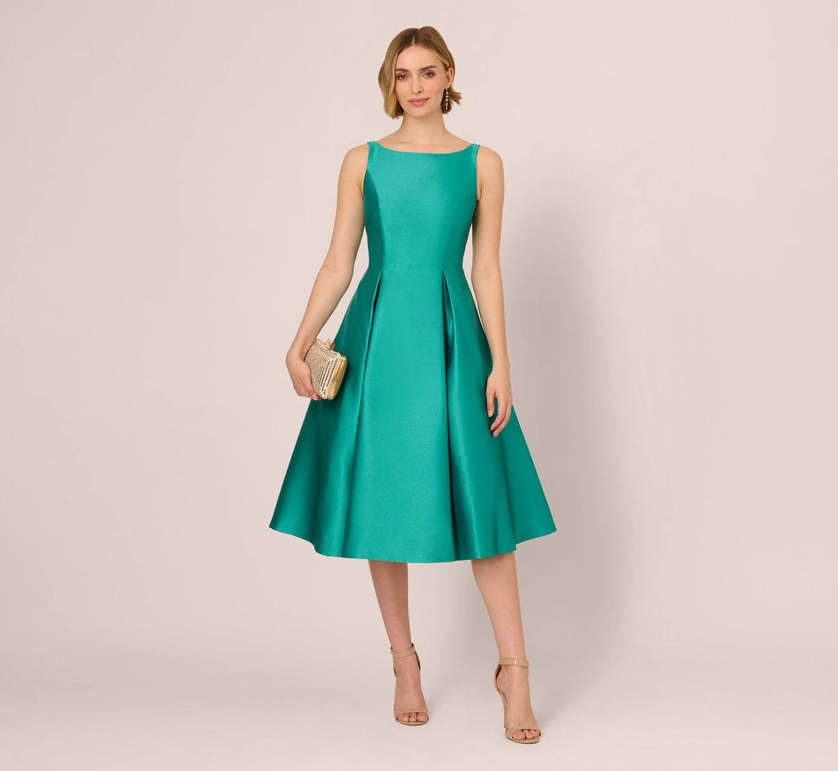 Sleeveless Mikado Fit And Flare Midi Dress With V-Back - Botanic Green | Adrianna Papell