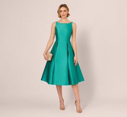 Sleeveless Mikado Fit And Flare Midi Dress With V-Back - Botanic Green | Adrianna Papell