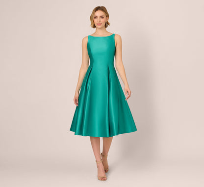Sleeveless Mikado Fit And Flare Midi Dress With V-Back - Botanic Green | Adrianna Papell