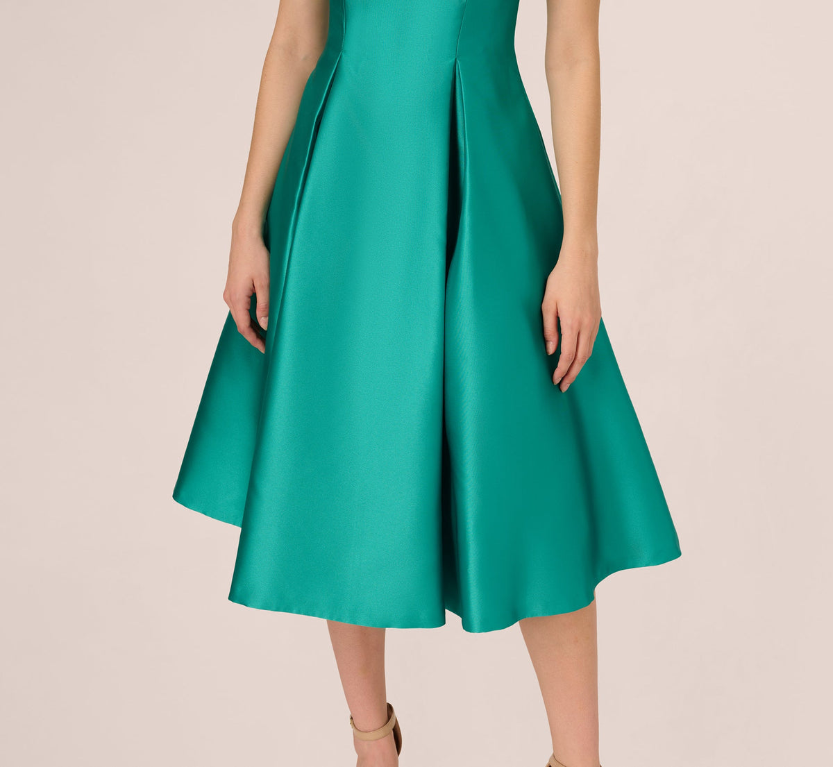 Sleeveless Mikado Fit And Flare Midi Dress With V-Back - Botanic Green | Adrianna Papell