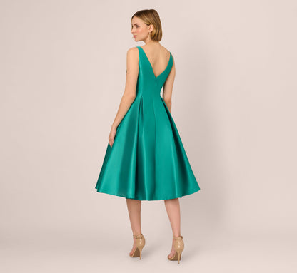 Sleeveless Mikado Fit And Flare Midi Dress With V-Back - Botanic Green | Adrianna Papell