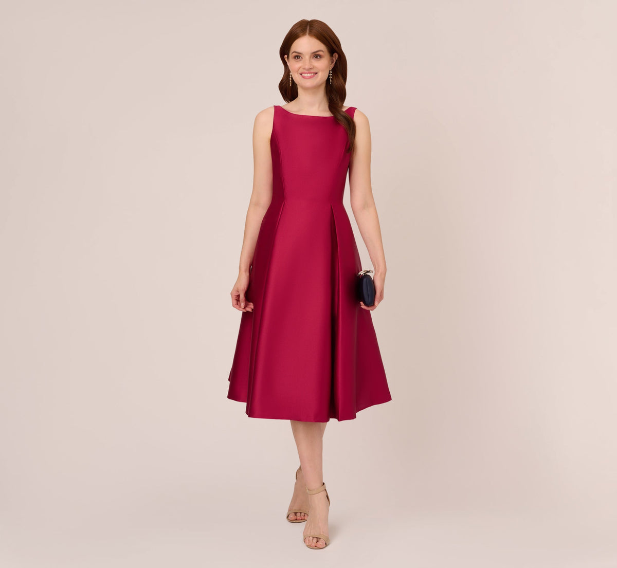 Sleeveless Mikado Fit And Flare Midi Dress With V-Back - Red Plum | Adrianna Papell