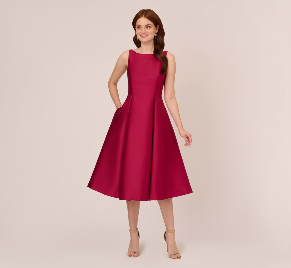 Sleeveless Mikado Fit And Flare Midi Dress With V-Back - Red Plum | Adrianna Papell