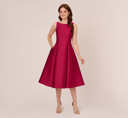 Sleeveless Mikado Fit And Flare Midi Dress With V-Back - Red Plum | Adrianna Papell