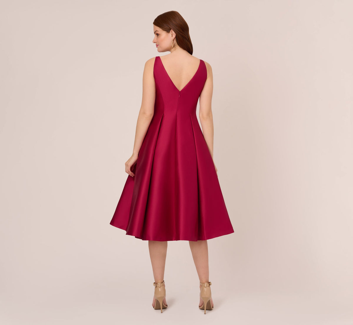 Sleeveless Mikado Fit And Flare Midi Dress With V-Back - Red Plum | Adrianna Papell