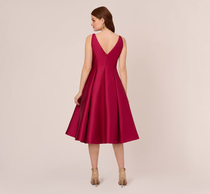 Sleeveless Mikado Fit And Flare Midi Dress With V-Back - Red Plum | Adrianna Papell