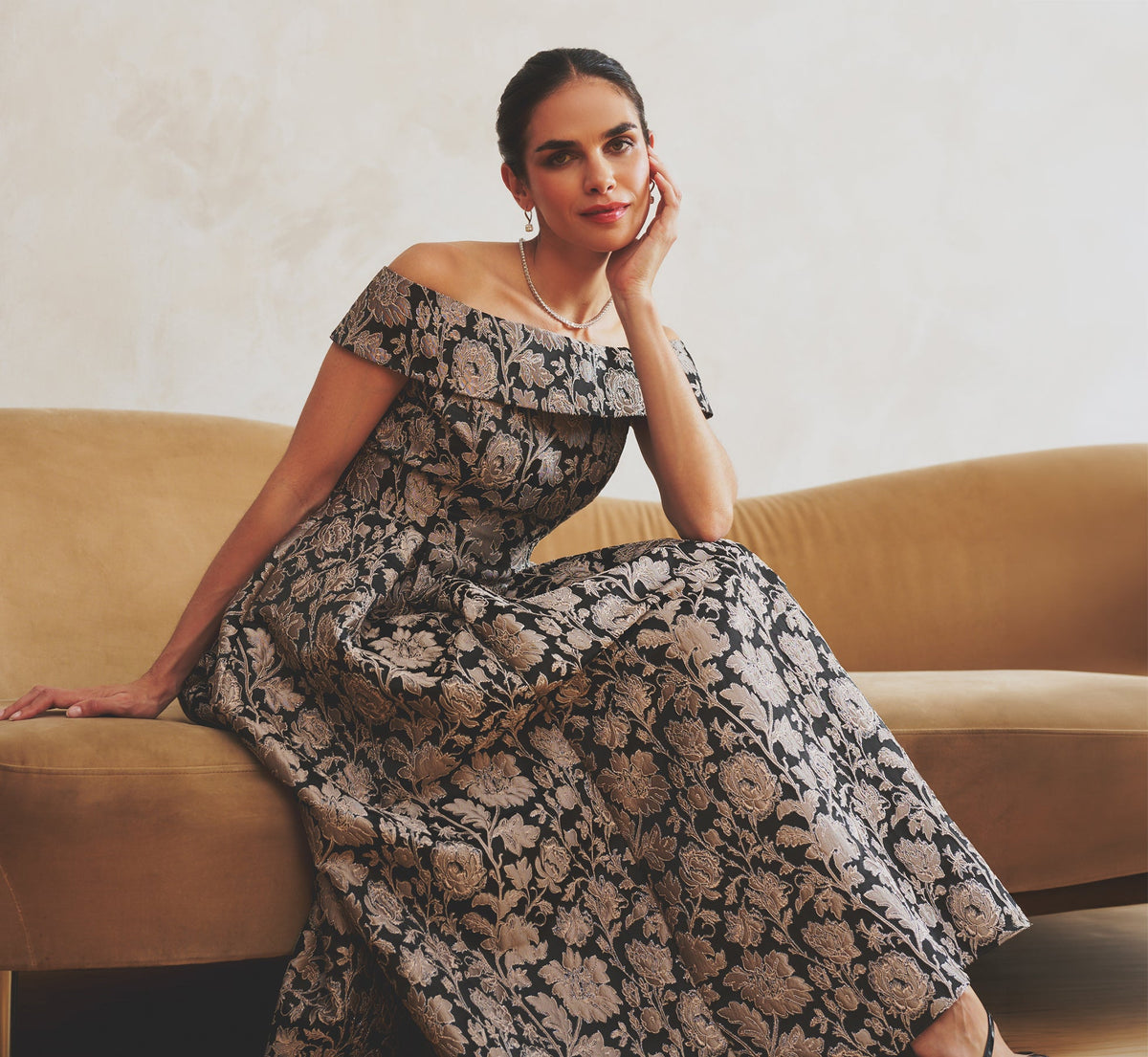 Off Shoulder Metallic Floral Jacquard Ankle Dress - Black Taupe | Adrianna Papell