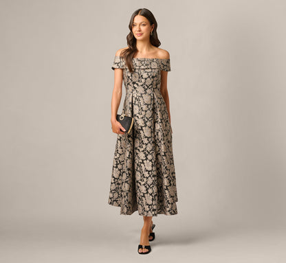 Off Shoulder Metallic Floral Jacquard Ankle Dress - Black Taupe | Adrianna Papell