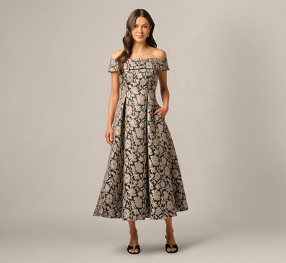 Off Shoulder Metallic Floral Jacquard Ankle Dress - Black Taupe | Adrianna Papell