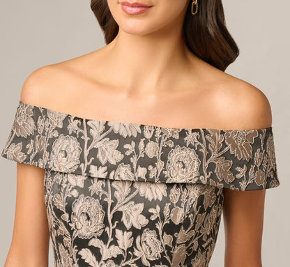 Off Shoulder Metallic Floral Jacquard Ankle Dress - Black Taupe | Adrianna Papell