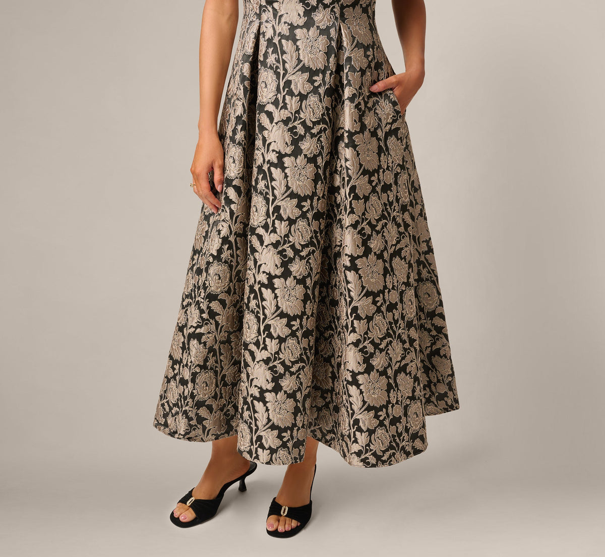Off Shoulder Metallic Floral Jacquard Ankle Dress - Black Taupe | Adrianna Papell