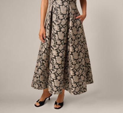 Off Shoulder Metallic Floral Jacquard Ankle Dress - Black Taupe | Adrianna Papell