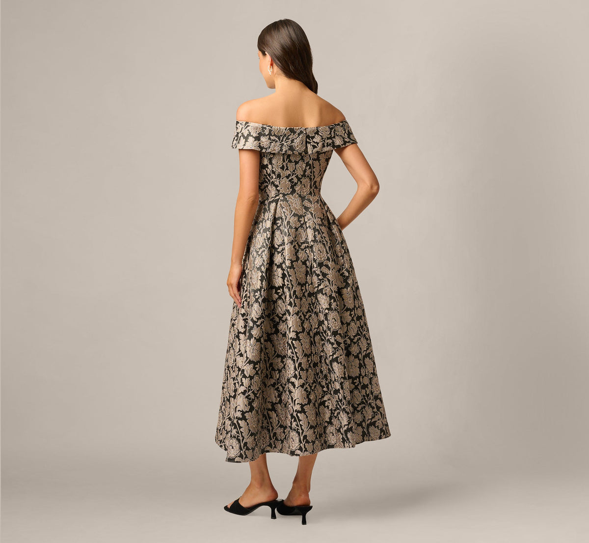 Off Shoulder Metallic Floral Jacquard Ankle Dress - Black Taupe | Adrianna Papell