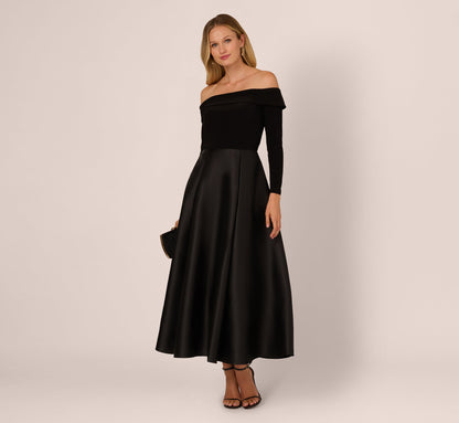 Off Shoulder Long Sleeve Mikado Combo Gown - Black | Adrianna Papell