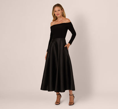 Off Shoulder Long Sleeve Mikado Combo Gown - Black | Adrianna Papell