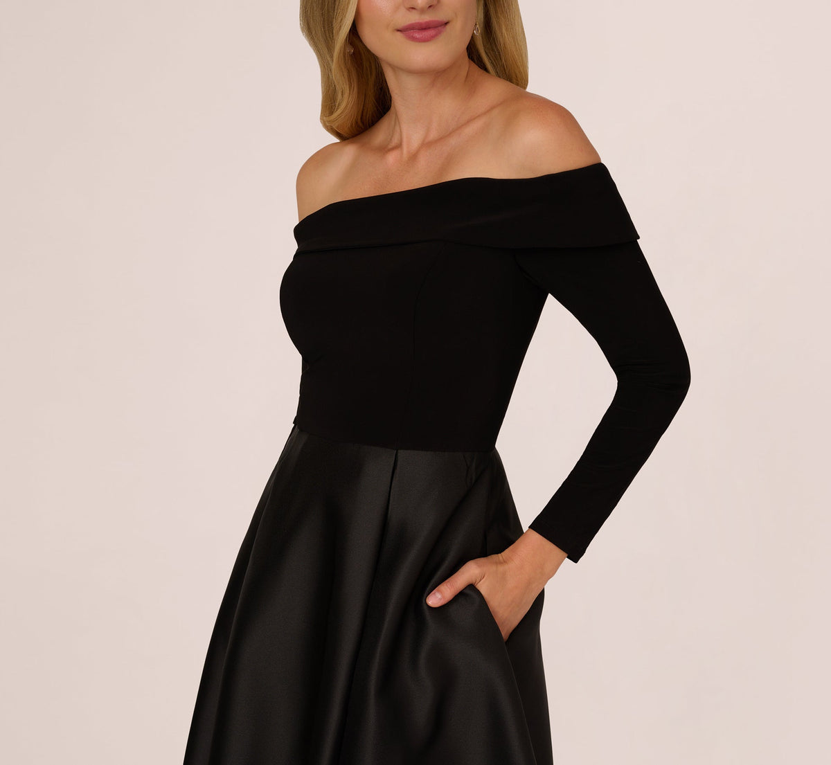 Off Shoulder Long Sleeve Mikado Combo Gown - Black | Adrianna Papell