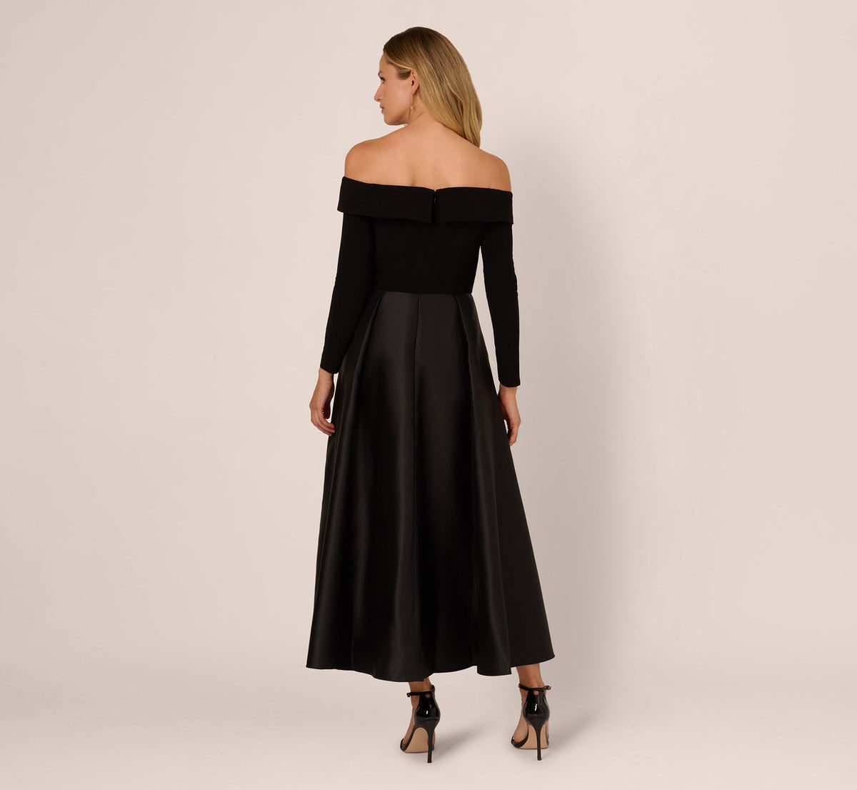 Off Shoulder Long Sleeve Mikado Combo Gown - Black | Adrianna Papell