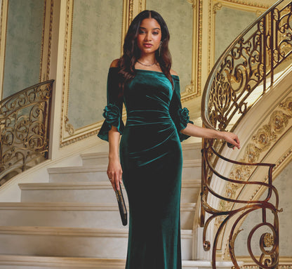 Bell Sleeve Off Shoulder Stretch Velvet Rosette Gown - Hunter | Adrianna Papell