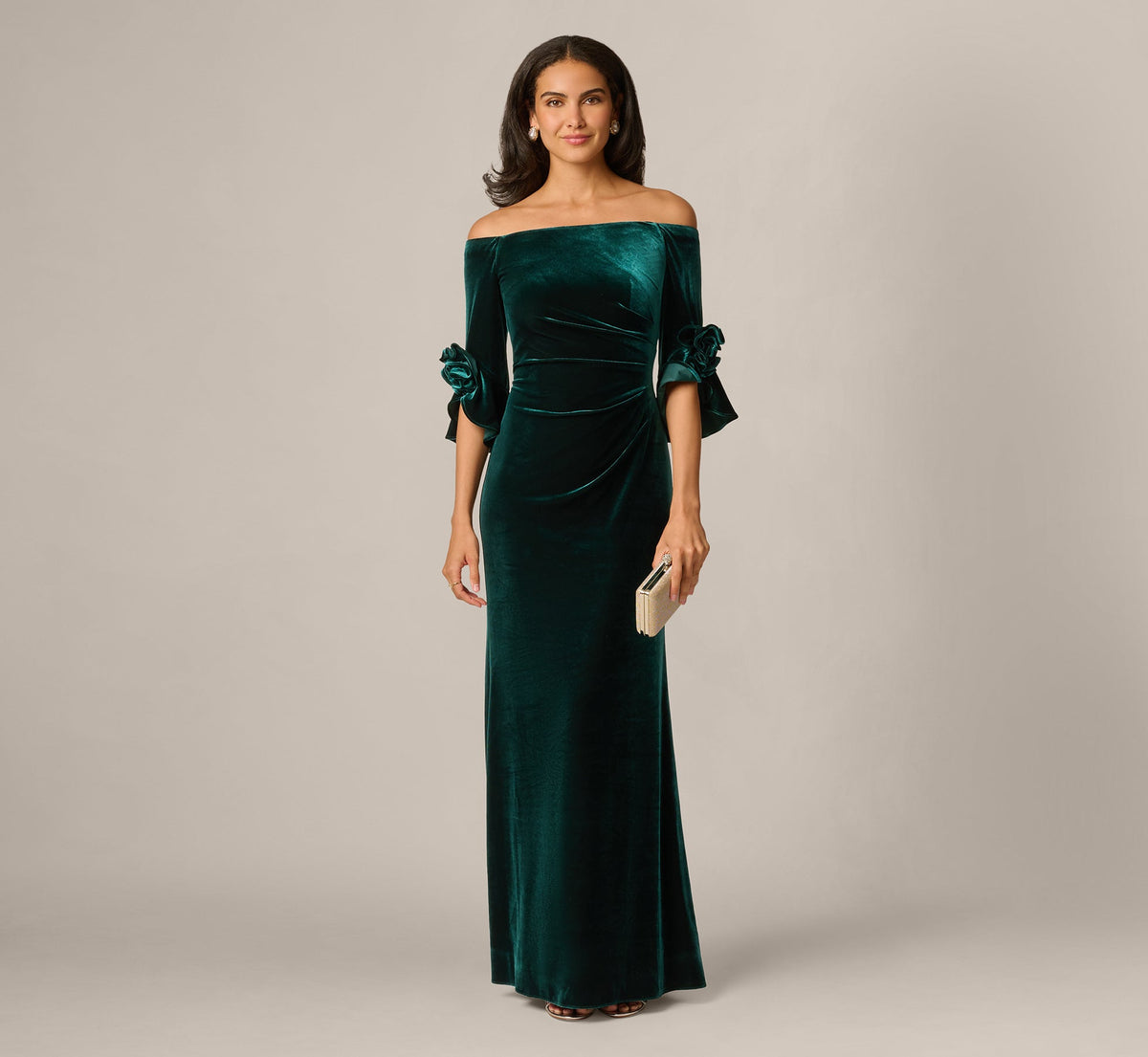 Bell Sleeve Off Shoulder Stretch Velvet Rosette Gown - Hunter | Adrianna Papell