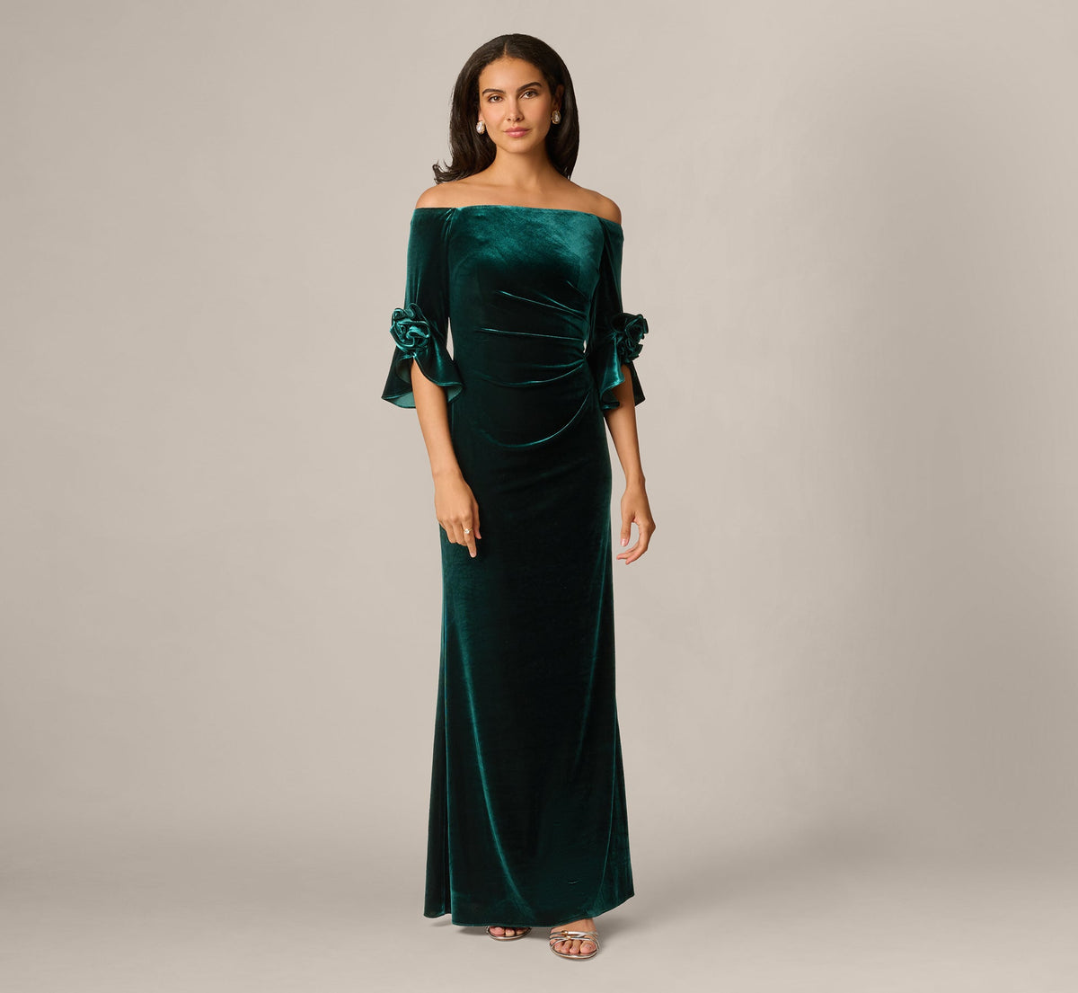 Bell Sleeve Off Shoulder Stretch Velvet Rosette Gown - Hunter | Adrianna Papell