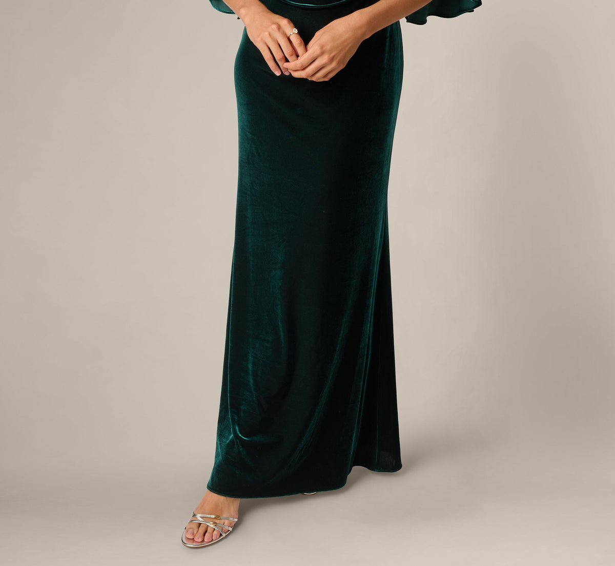 Bell Sleeve Off Shoulder Stretch Velvet Rosette Gown - Hunter | Adrianna Papell