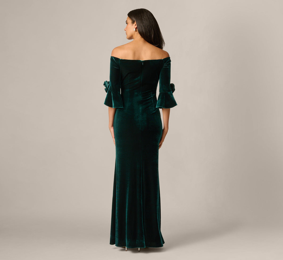 Bell Sleeve Off Shoulder Stretch Velvet Rosette Gown - Hunter | Adrianna Papell