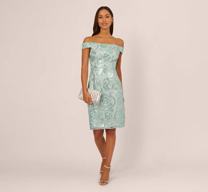 Off Shoulder Sequin Sheath Dress - Aqua Dust | Adrianna Papell