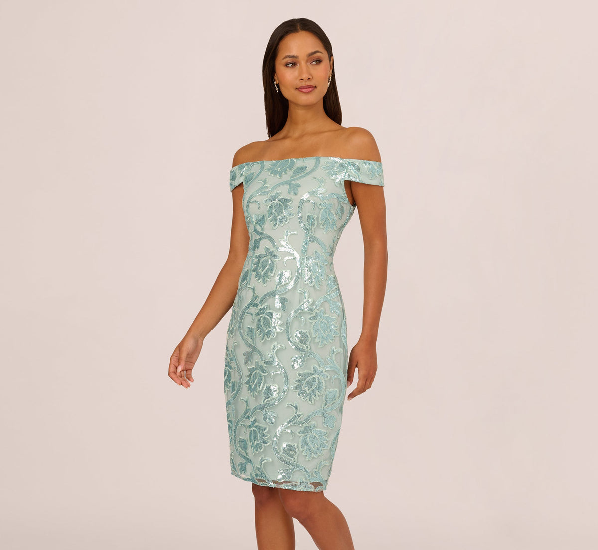 Off Shoulder Sequin Sheath Dress - Aqua Dust | Adrianna Papell