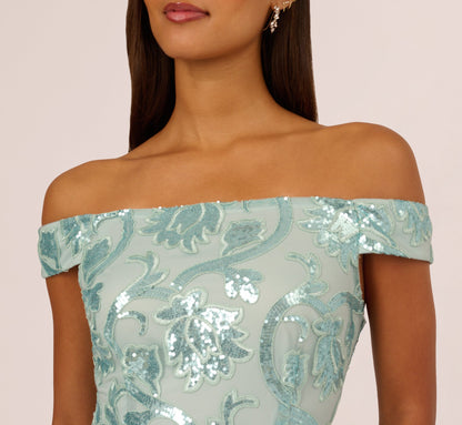 Off Shoulder Sequin Sheath Dress - Aqua Dust | Adrianna Papell