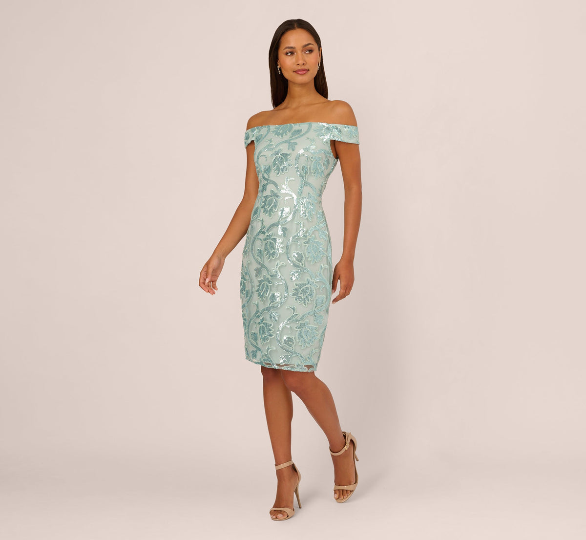 Off Shoulder Sequin Sheath Dress - Aqua Dust | Adrianna Papell