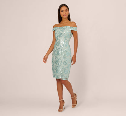 Off Shoulder Sequin Sheath Dress - Aqua Dust | Adrianna Papell