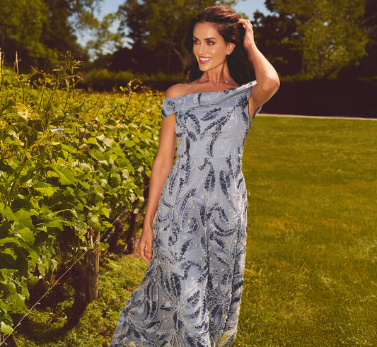 Off Shoulder Beaded Leaf Soutache Ankle Length Dress - Blue Multi | Adrianna Papell