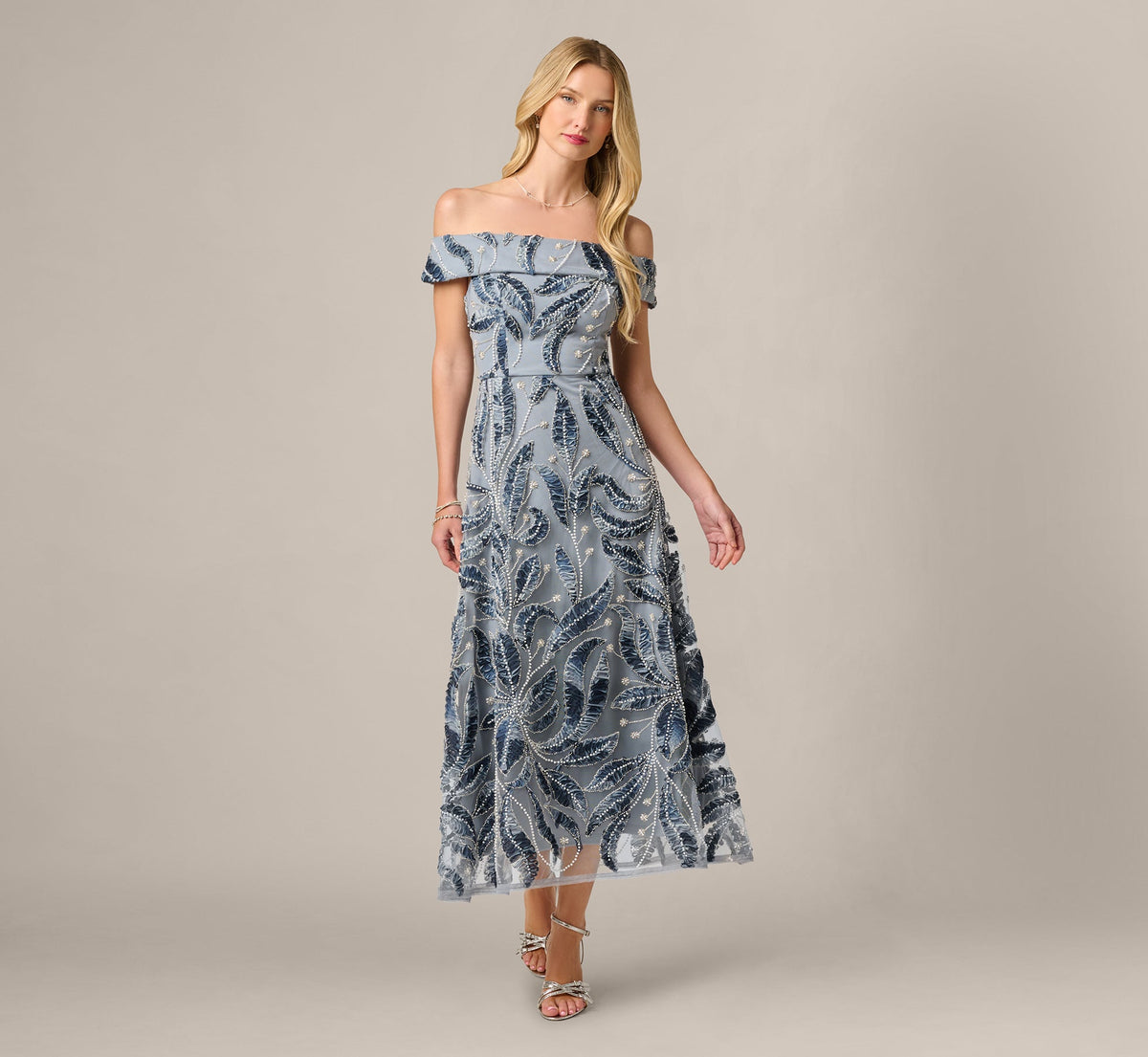 Off Shoulder Beaded Leaf Soutache Ankle Length Dress - Blue Multi | Adrianna Papell
