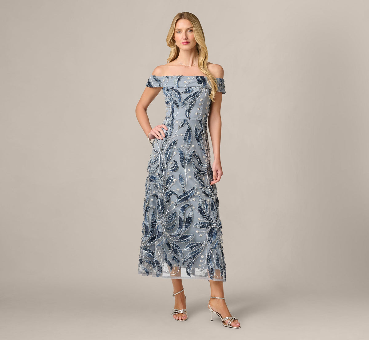 Off Shoulder Beaded Leaf Soutache Ankle Length Dress - Blue Multi | Adrianna Papell