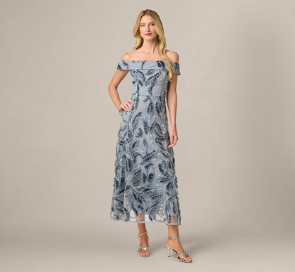 Off Shoulder Beaded Leaf Soutache Ankle Length Dress - Blue Multi | Adrianna Papell